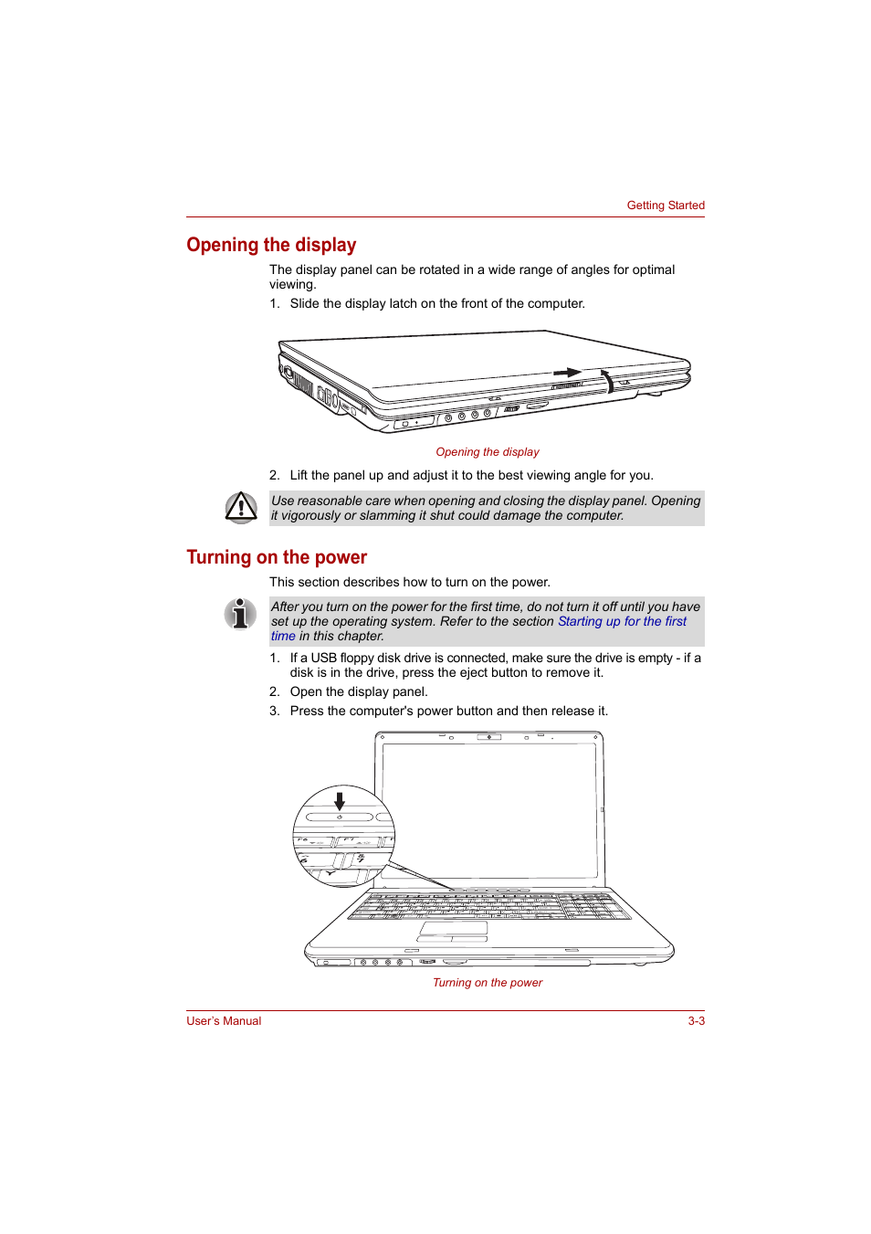 Opening the display, Turning on the power, Opening the display -3 turning on the power -3 | Toshiba P200 Series User Manual | Page 51 / 183