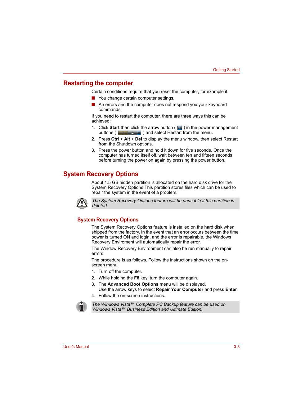 Restarting the computer, System recovery options | Toshiba P200 Series User Manual | Page 56 / 183