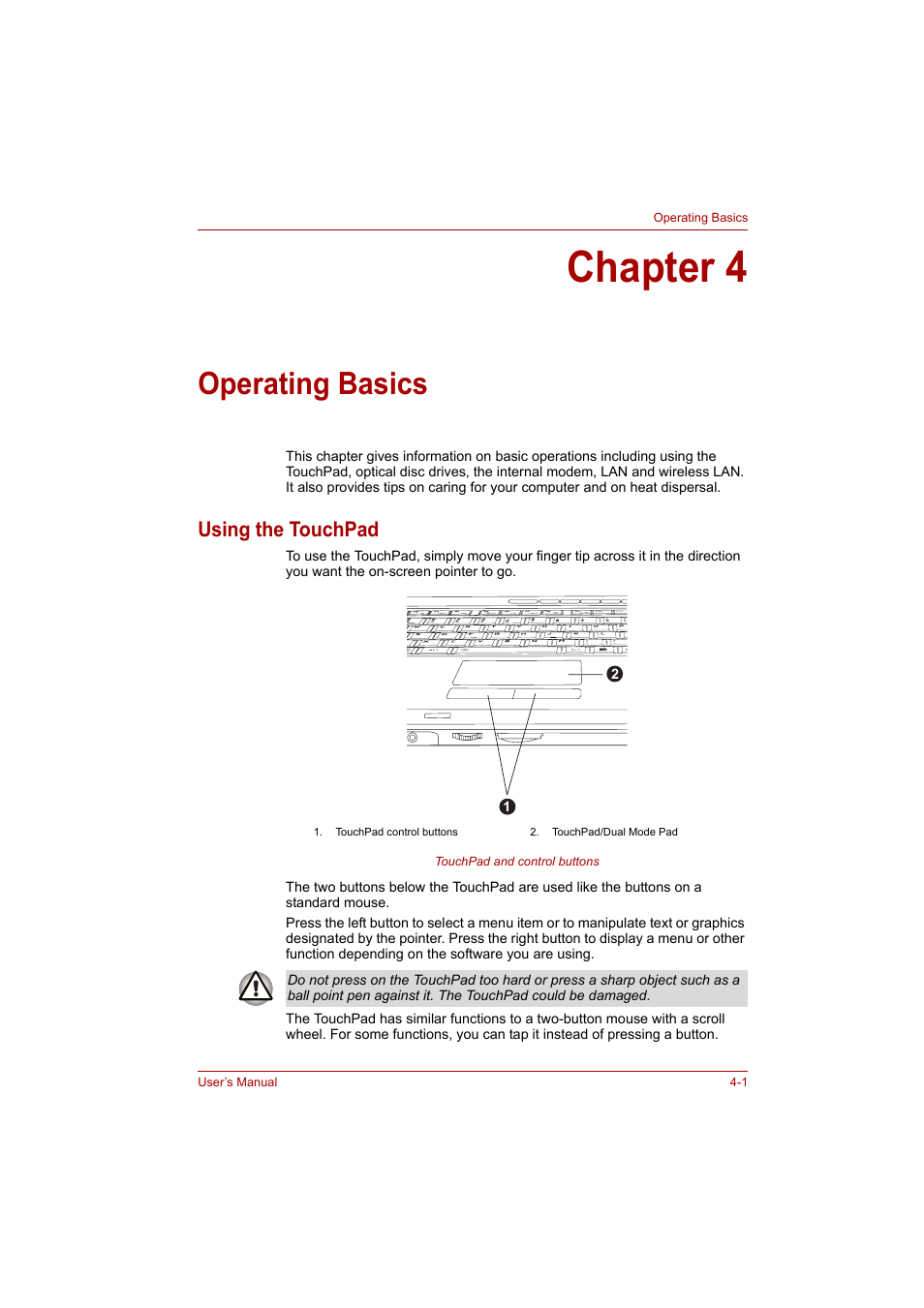 Chapter 4: operating basics, Using the touchpad, Chapter 4 | Operating basics, Using the touchpad -1, Apter 4 | Toshiba P200 Series User Manual | Page 58 / 183