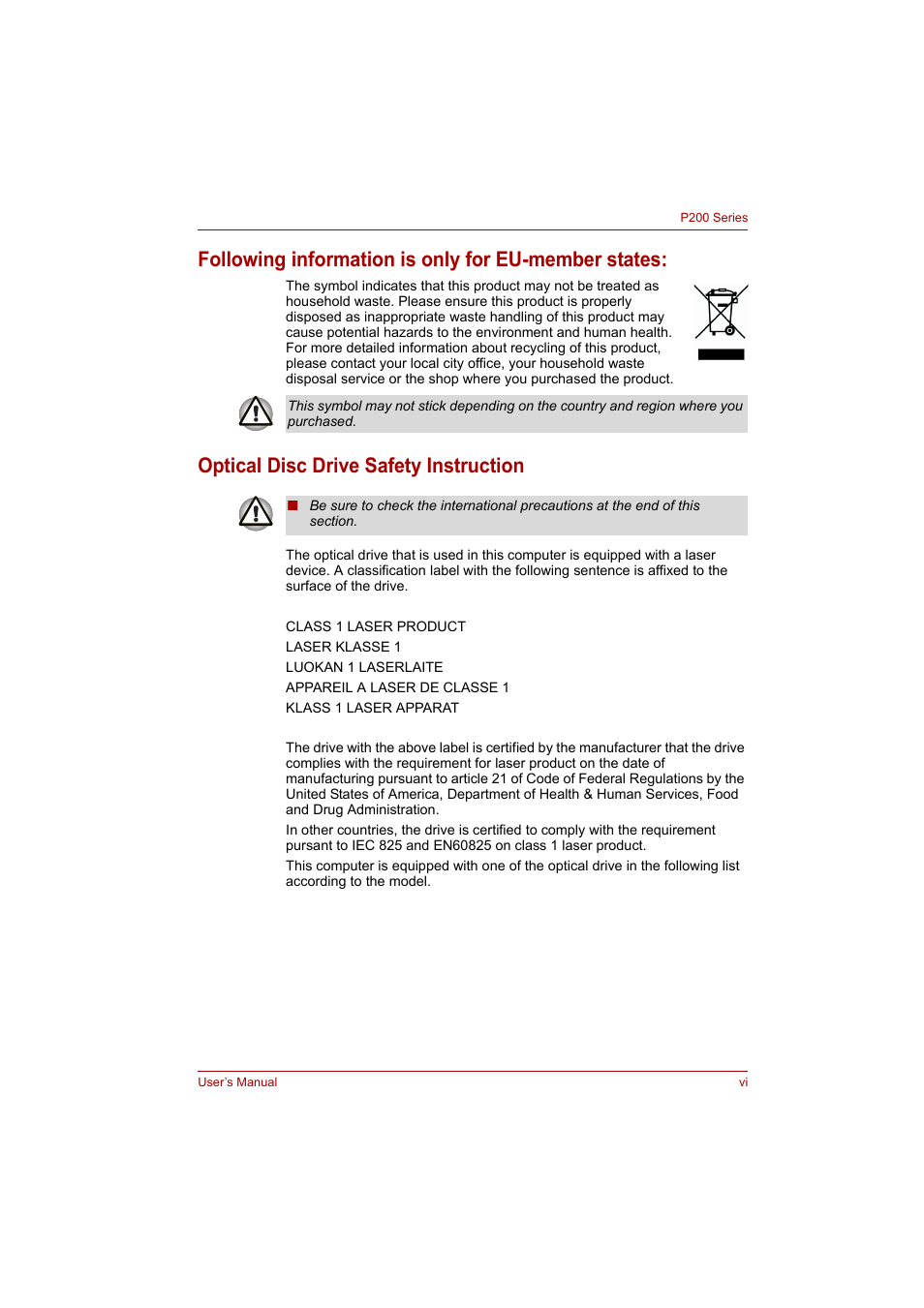 Following information is only for eu-member states, Optical disc drive safety instruction | Toshiba P200 Series User Manual | Page 6 / 183