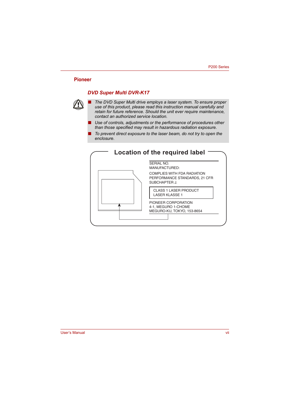 Location of the required label | Toshiba P200 Series User Manual | Page 7 / 183