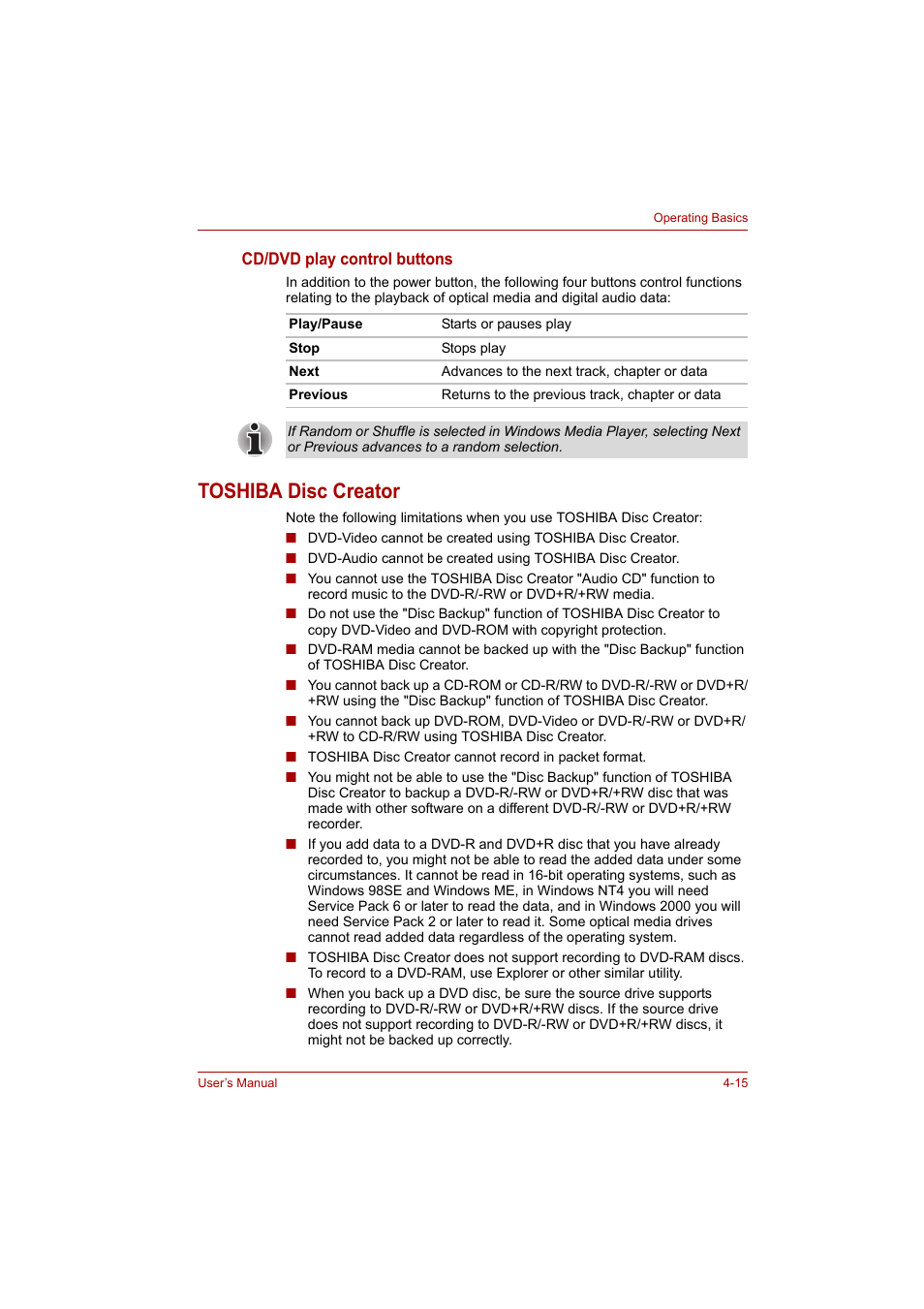 Toshiba disc creator, Toshiba disc creator -15 | Toshiba P200 Series User Manual | Page 72 / 183