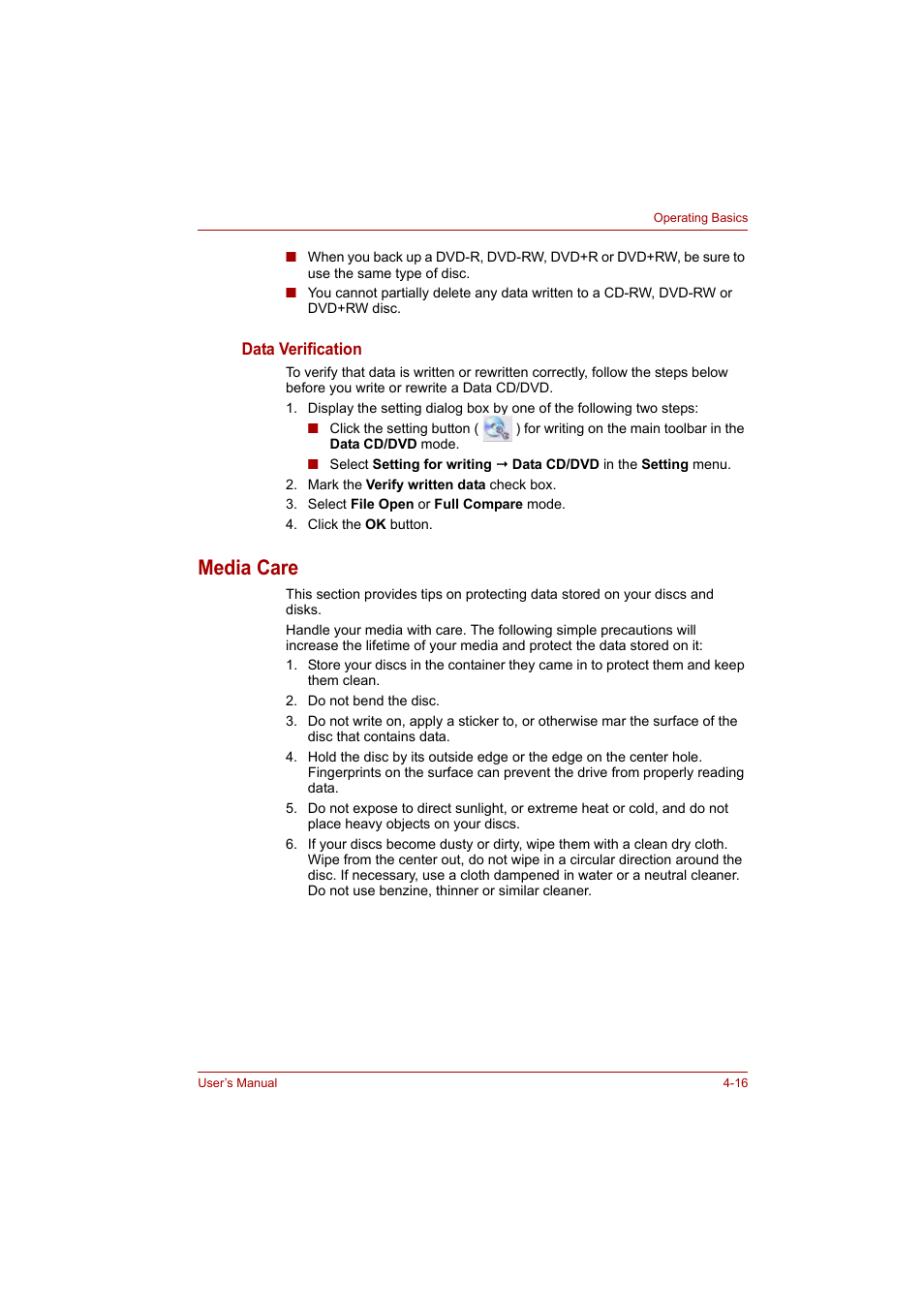 Media care, Media care -16 | Toshiba P200 Series User Manual | Page 73 / 183