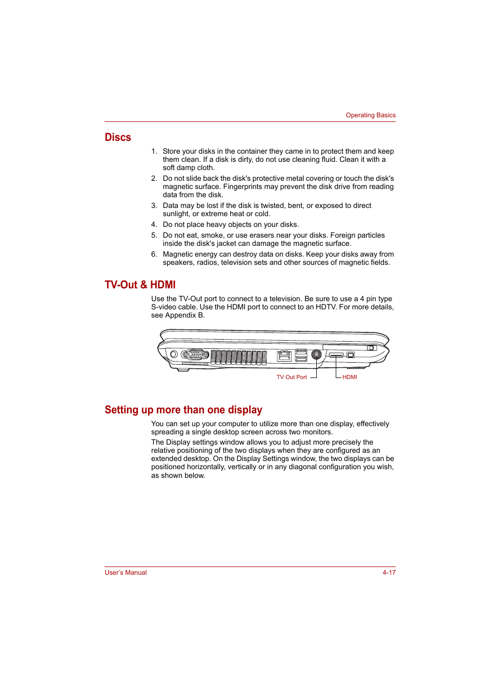 Discs, Tv-out & hdmi, Setting up more than one display | Toshiba P200 Series User Manual | Page 74 / 183