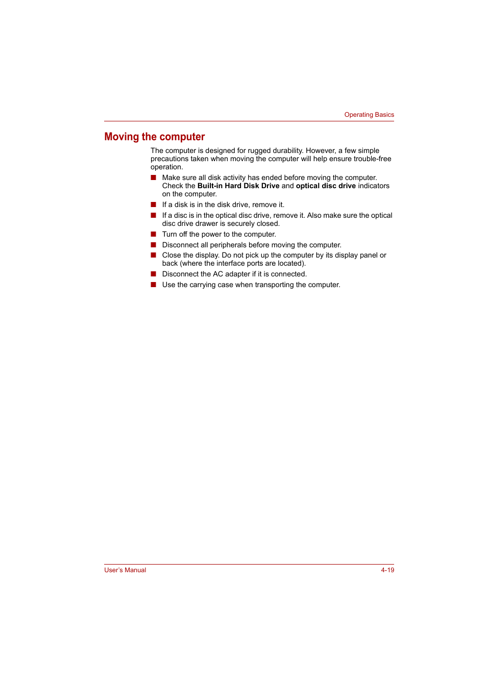 Moving the computer, Moving the computer -19 | Toshiba P200 Series User Manual | Page 76 / 183