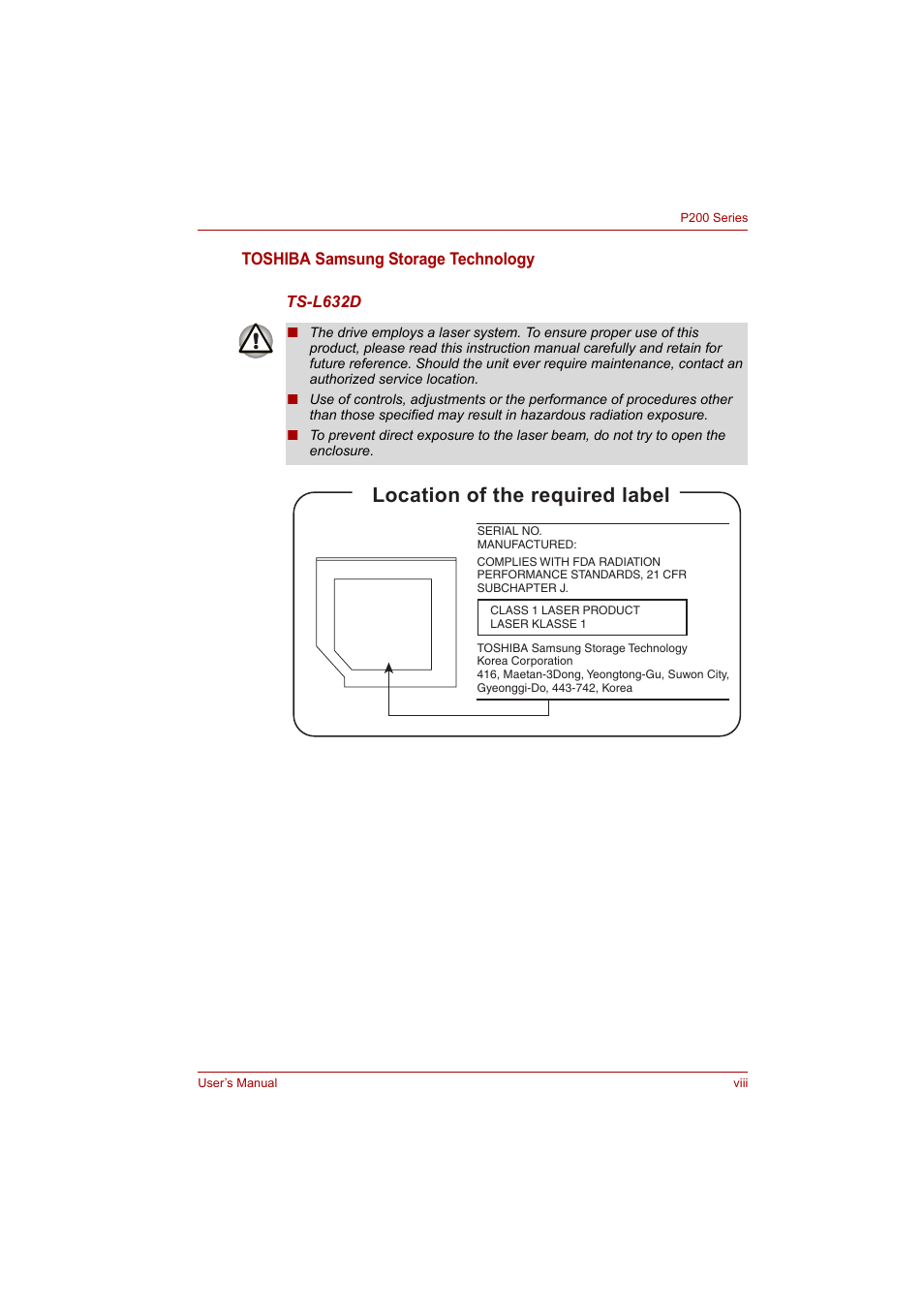 Location of the required label | Toshiba P200 Series User Manual | Page 8 / 183