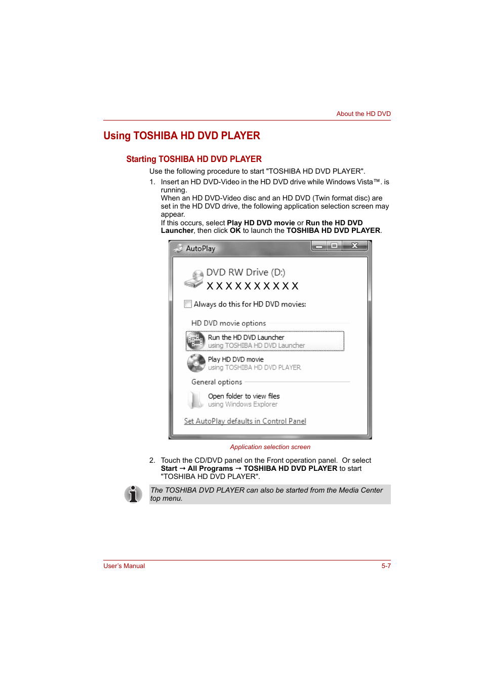 Using toshiba hd dvd player, Using toshiba hd dvd player -7 | Toshiba P200 Series User Manual | Page 83 / 183
