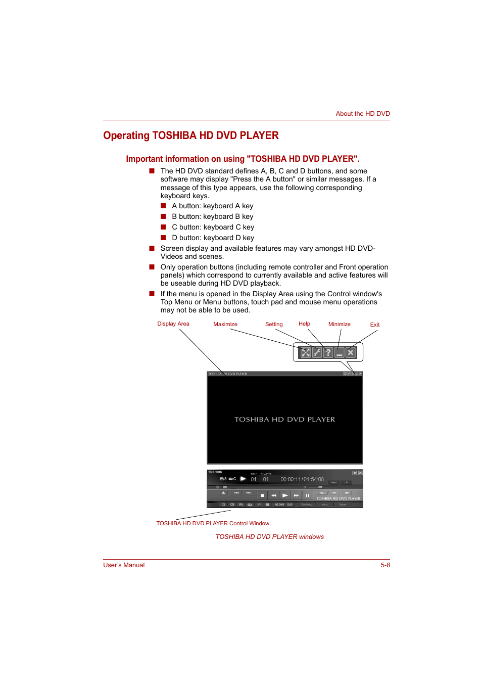 Operating toshiba hd dvd player, Operating toshiba hd dvd player -8 | Toshiba P200 Series User Manual | Page 84 / 183