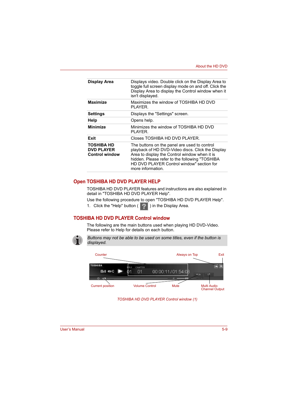 Open toshiba hd dvd player help, Toshiba hd dvd player control window | Toshiba P200 Series User Manual | Page 85 / 183