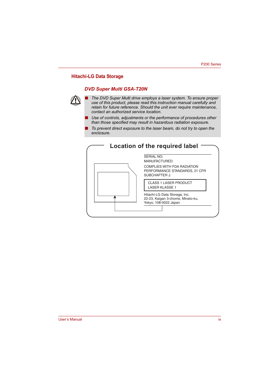 Location of the required label | Toshiba P200 Series User Manual | Page 9 / 183