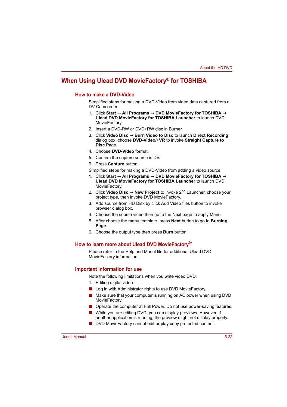 When using ulead dvd moviefactory® for toshiba, When using ulead dvd moviefactory® for toshiba -22, When using ulead dvd moviefactory | For toshiba | Toshiba P200 Series User Manual | Page 98 / 183