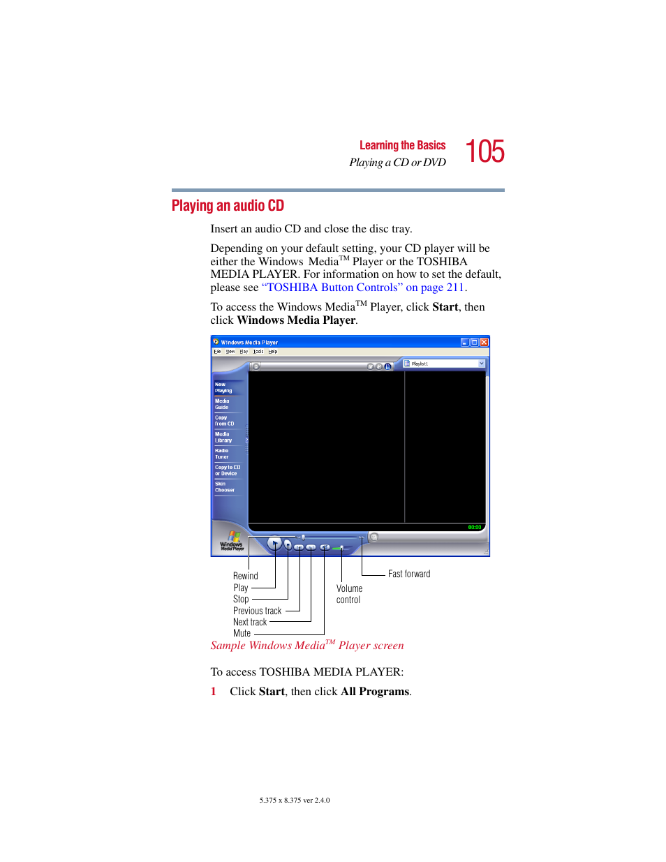 Playing an audio cd | Toshiba Satellite 5205 Series User Manual | Page 105 / 312