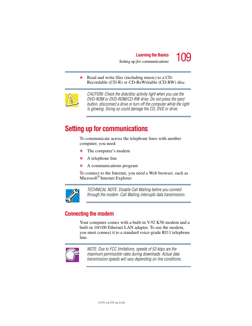 Setting up for communications, Connecting the modem | Toshiba Satellite 5205 Series User Manual | Page 109 / 312