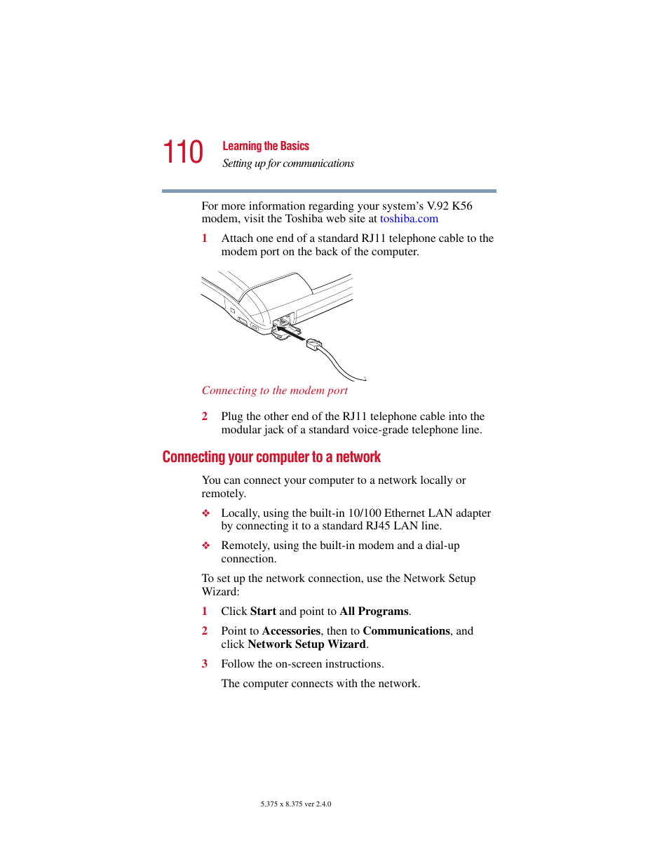 Connecting your computer to a network | Toshiba Satellite 5205 Series User Manual | Page 110 / 312