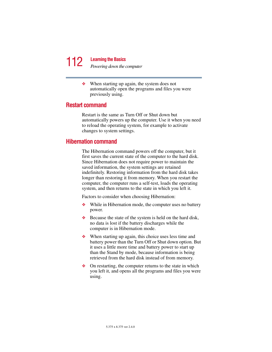 Restart command, Hibernation command, Restart command hibernation command | Toshiba Satellite 5205 Series User Manual | Page 112 / 312