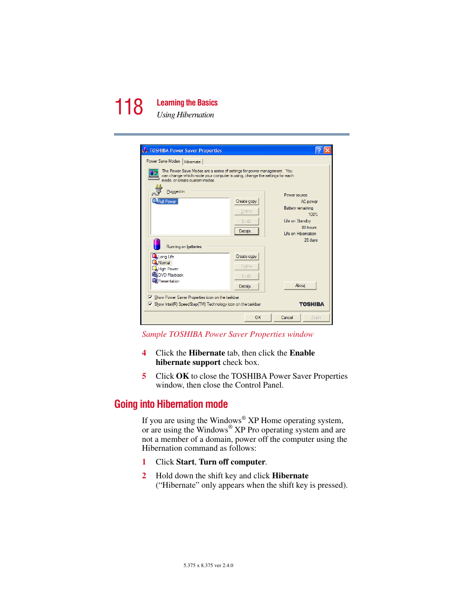 Going into hibernation mode | Toshiba Satellite 5205 Series User Manual | Page 118 / 312