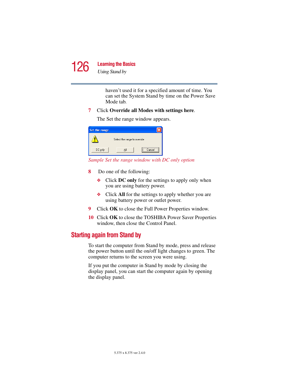 Starting again from stand by | Toshiba Satellite 5205 Series User Manual | Page 126 / 312