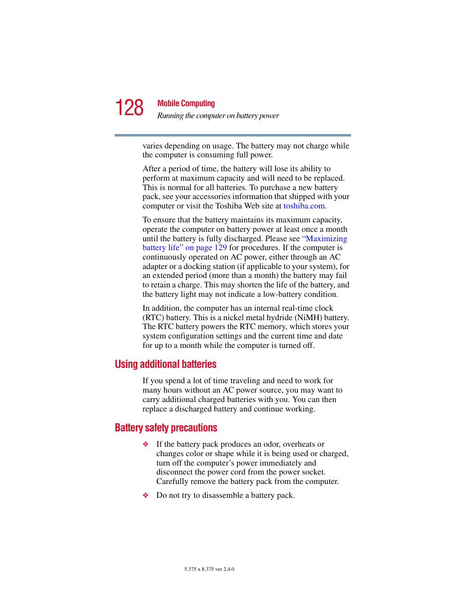 Using additional batteries, Battery safety precautions | Toshiba Satellite 5205 Series User Manual | Page 128 / 312