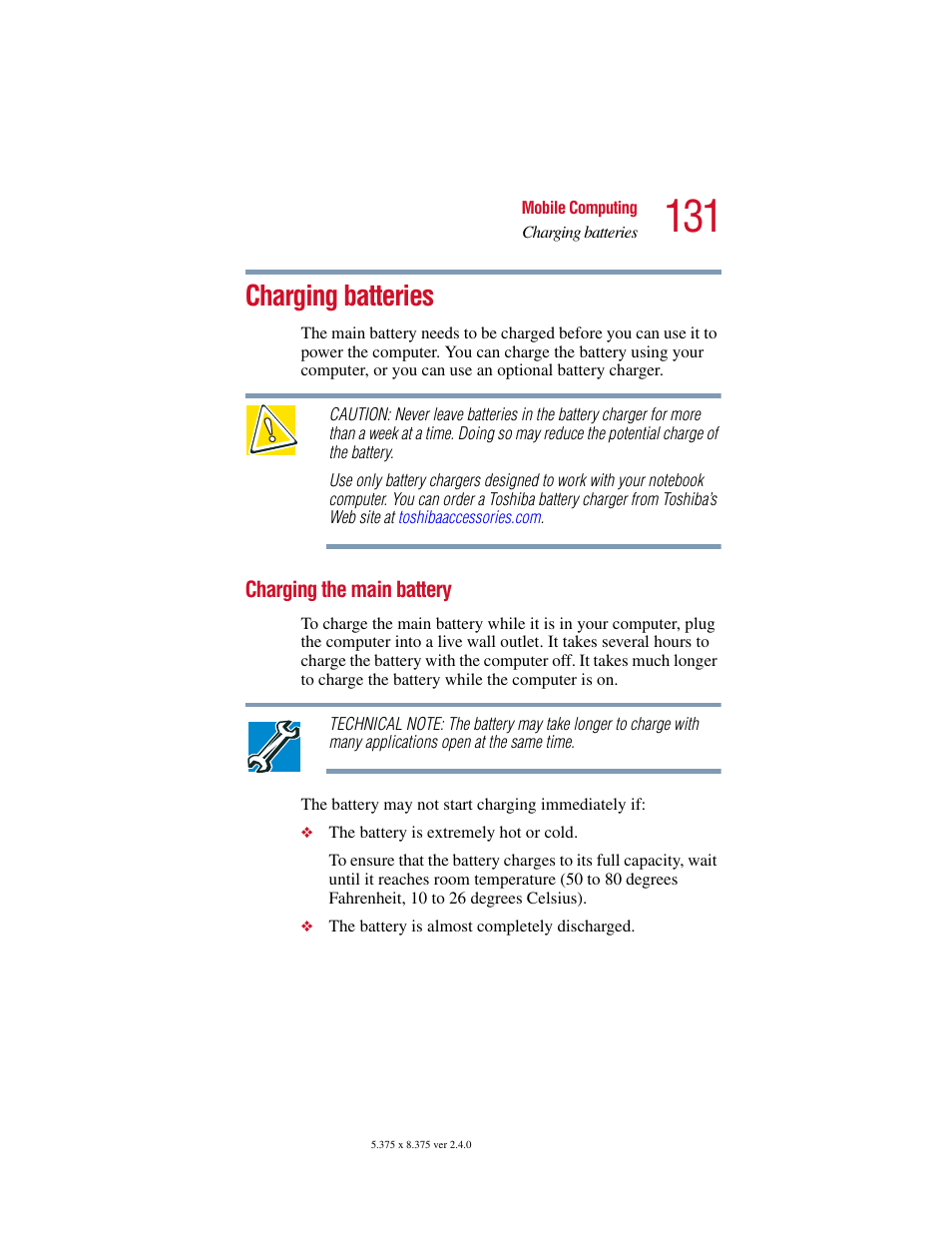 Charging batteries, Charging the main battery | Toshiba Satellite 5205 Series User Manual | Page 131 / 312