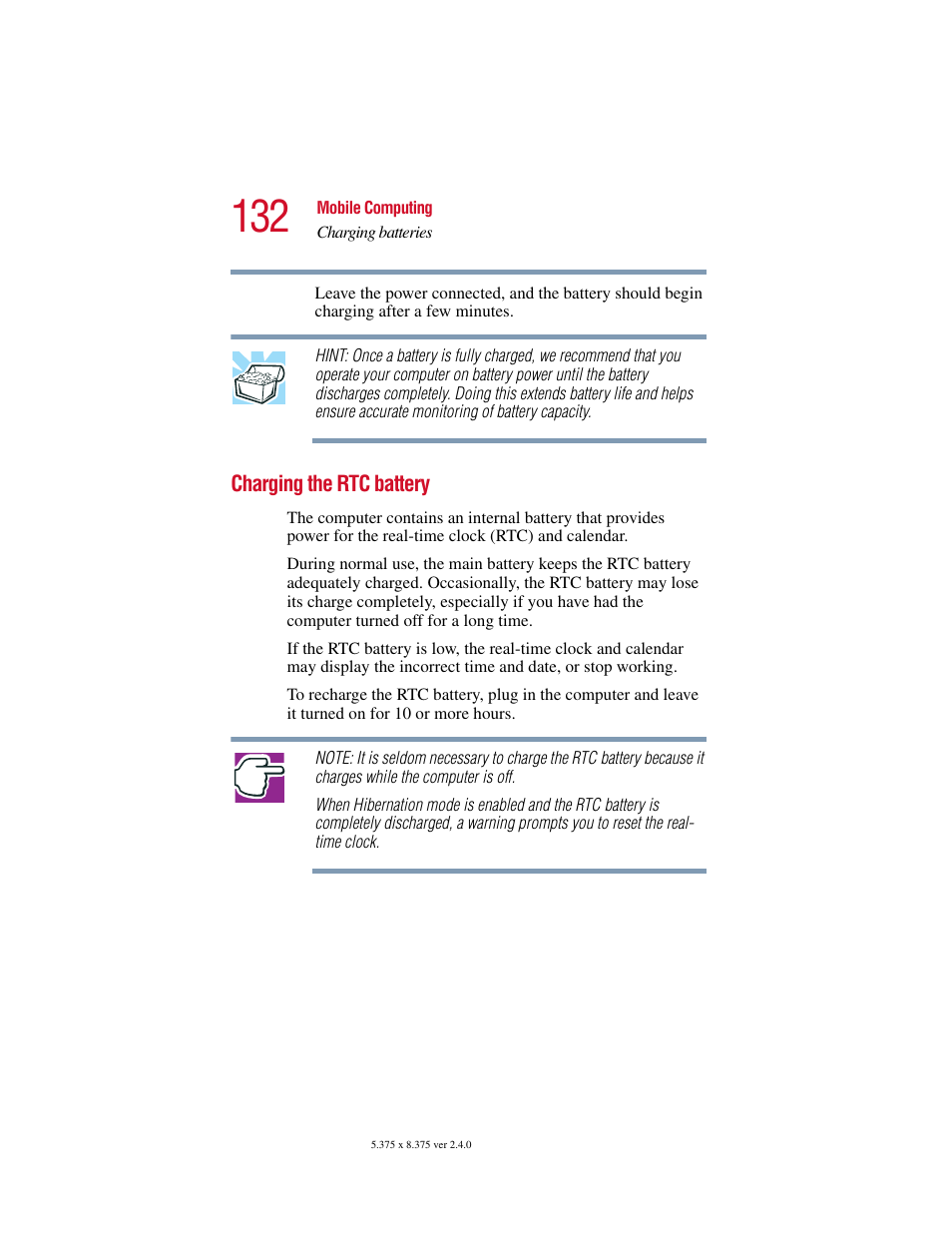 Charging the rtc battery | Toshiba Satellite 5205 Series User Manual | Page 132 / 312