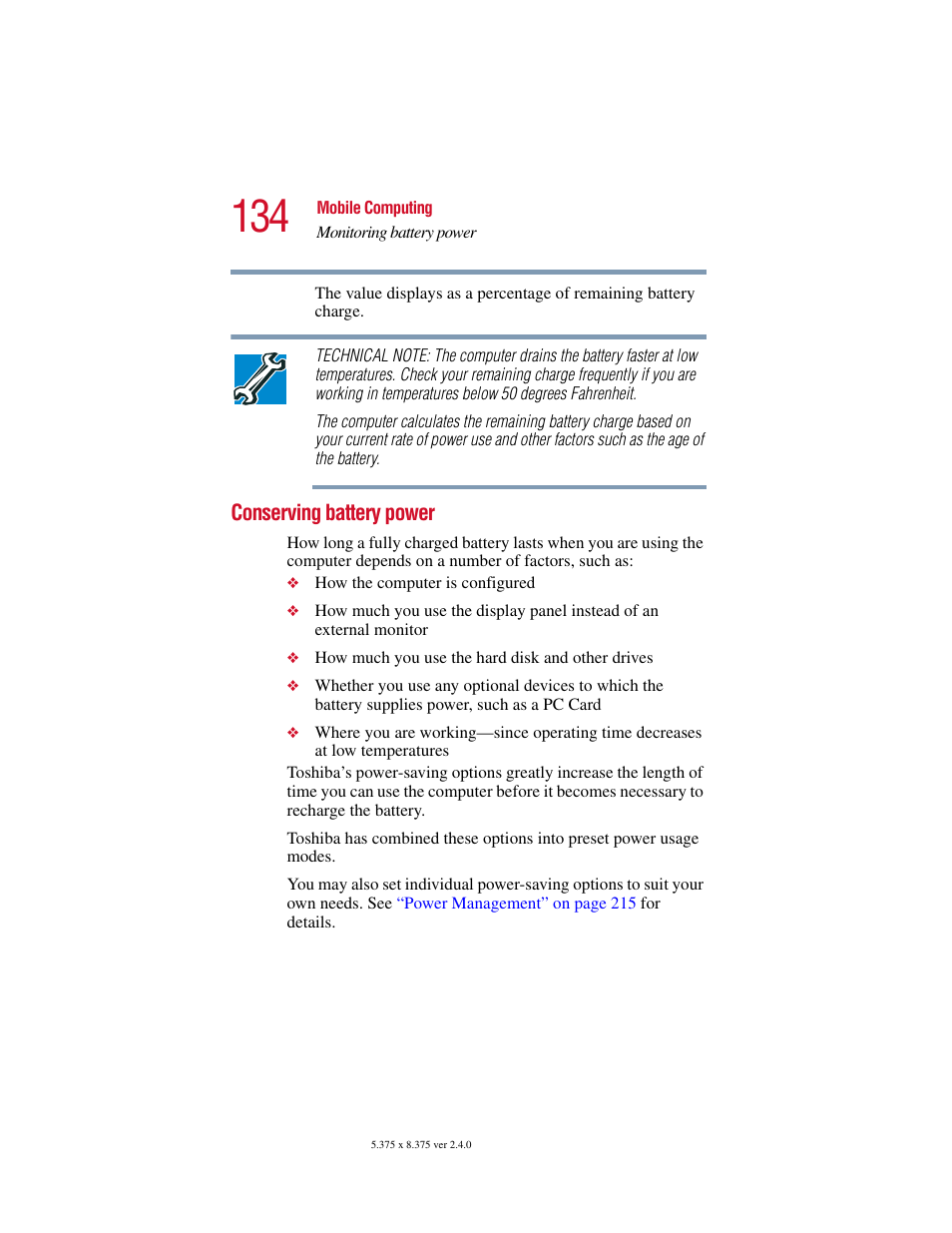 Conserving battery power | Toshiba Satellite 5205 Series User Manual | Page 134 / 312