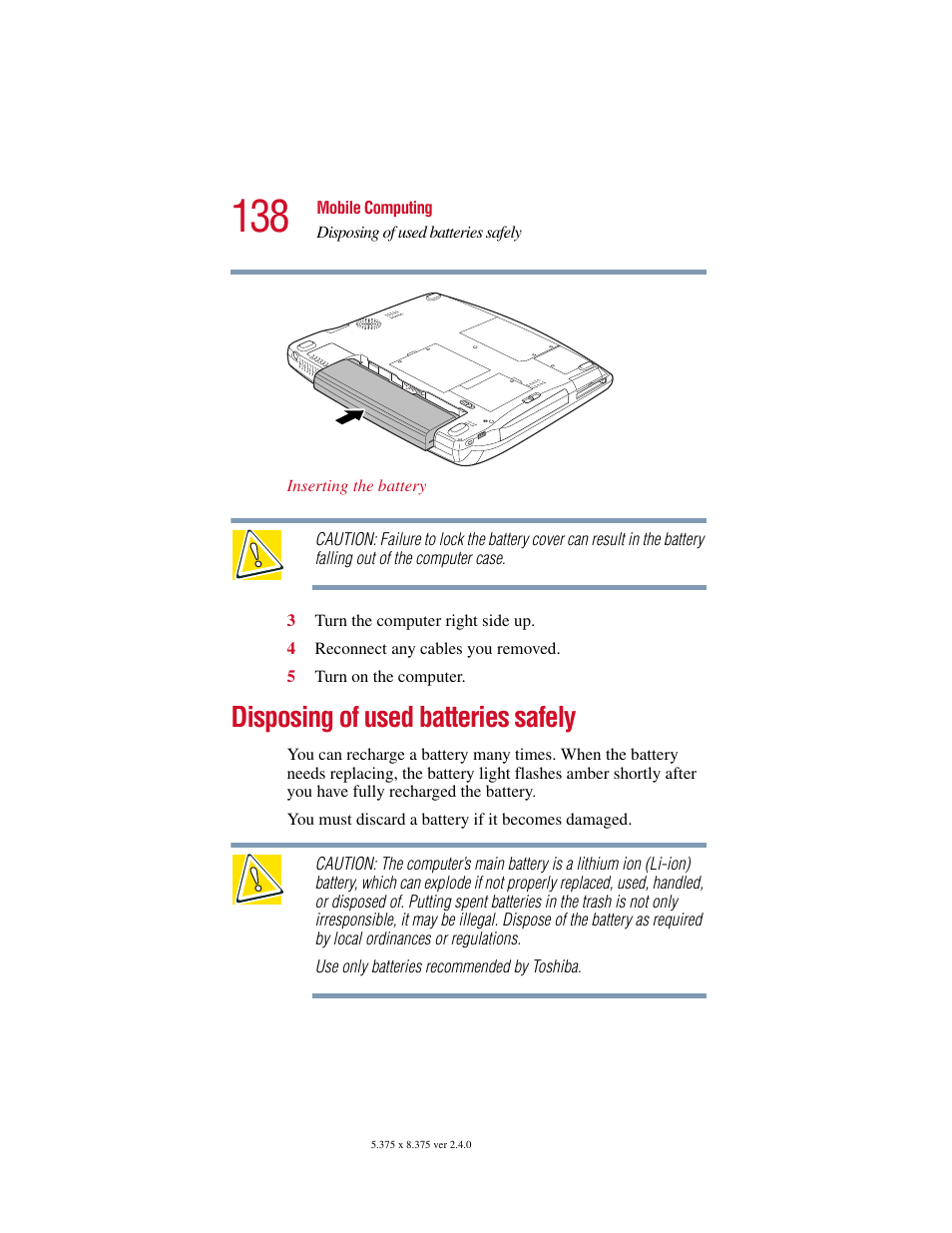 Disposing of used batteries safely | Toshiba Satellite 5205 Series User Manual | Page 138 / 312