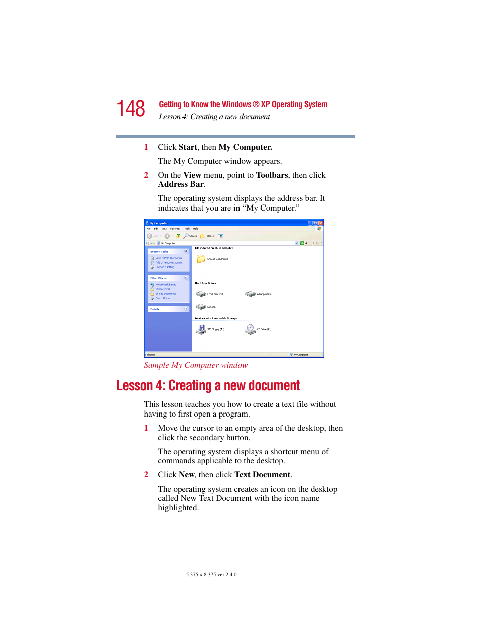 Lesson 4: creating a new document | Toshiba Satellite 5205 Series User Manual | Page 148 / 312