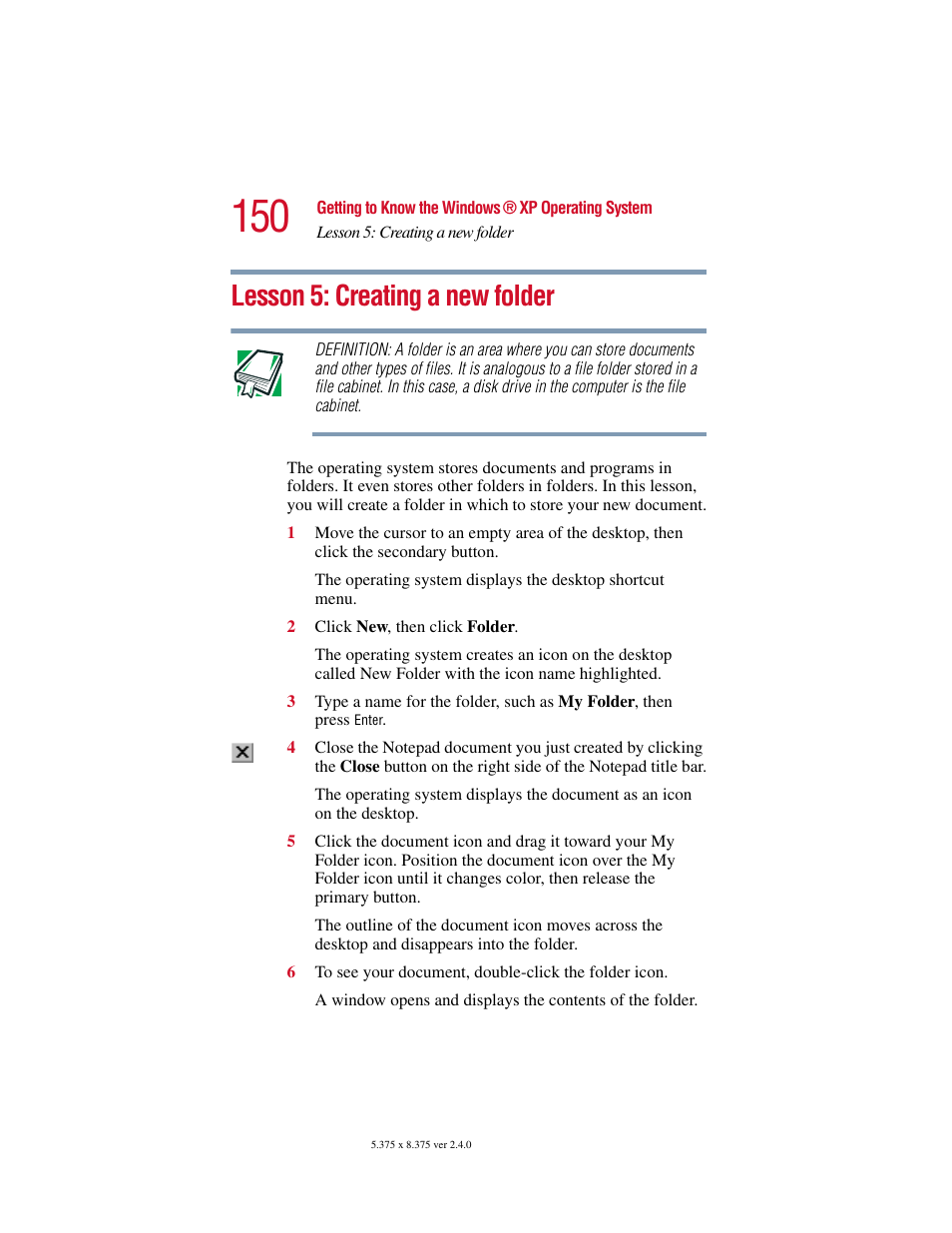 Lesson 5: creating a new folder | Toshiba Satellite 5205 Series User Manual | Page 150 / 312