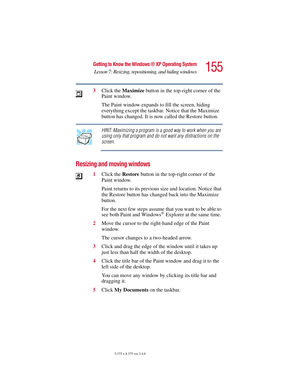 Resizing and moving windows | Toshiba Satellite 5205 Series User Manual | Page 155 / 312