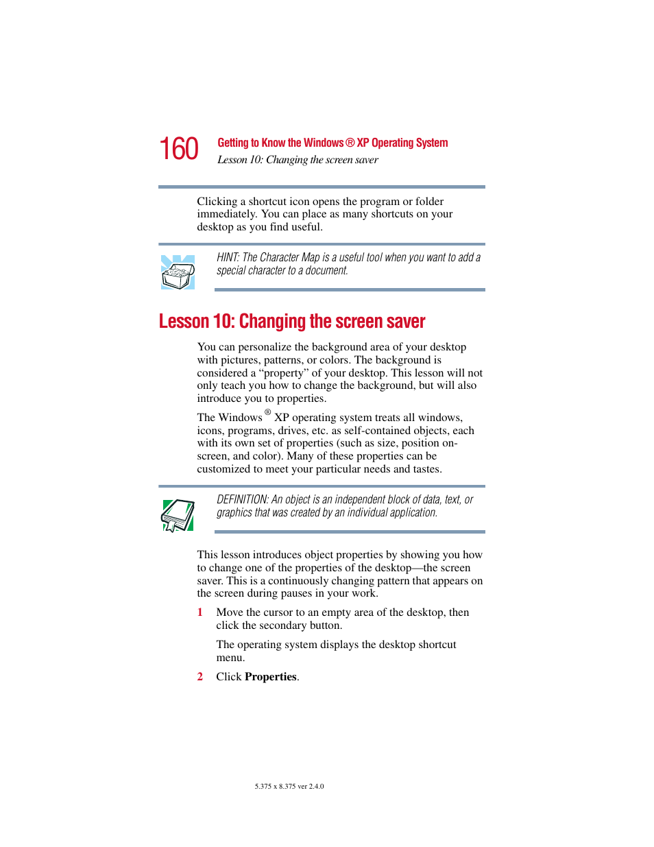 Lesson 10: changing the screen saver | Toshiba Satellite 5205 Series User Manual | Page 160 / 312