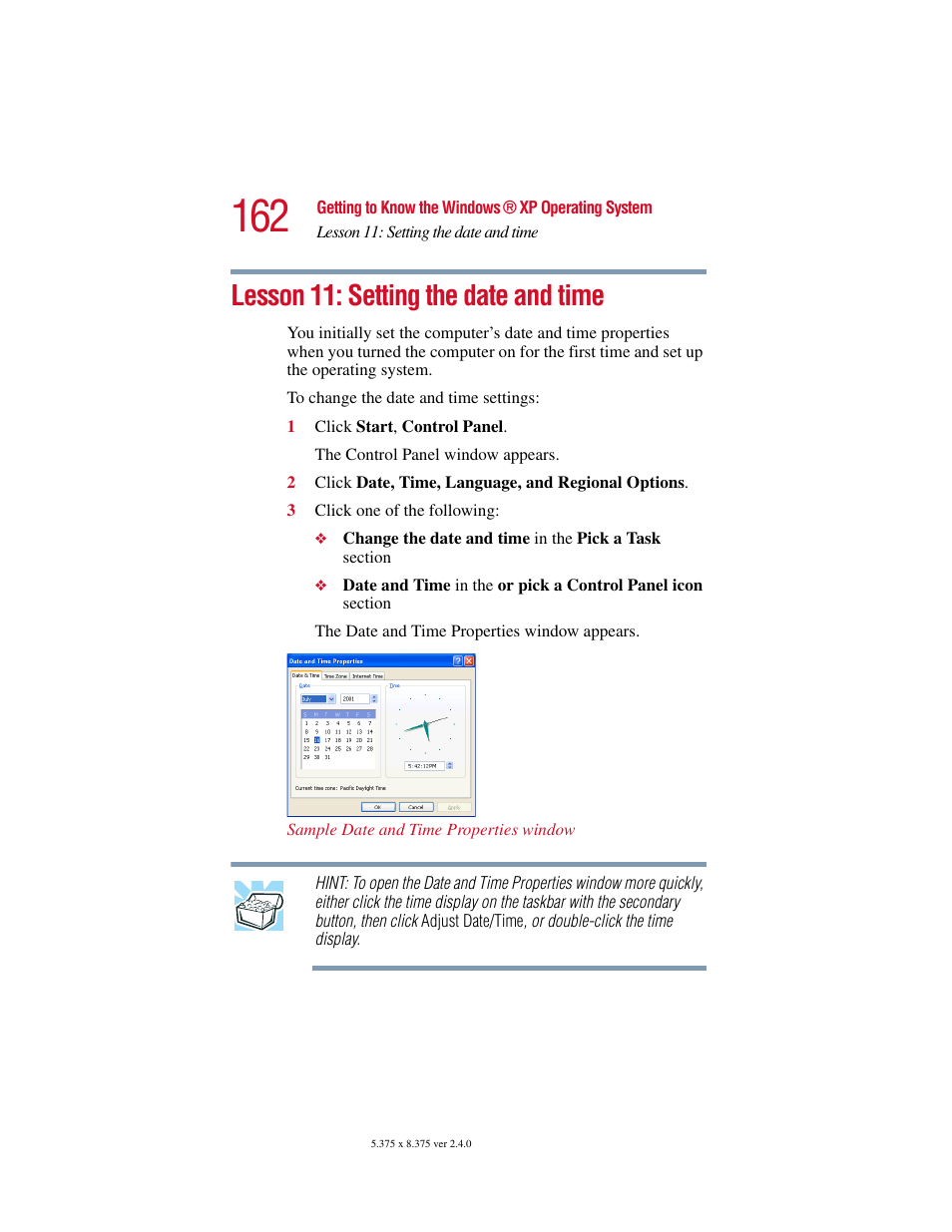 Lesson 11: setting the date and time | Toshiba Satellite 5205 Series User Manual | Page 162 / 312