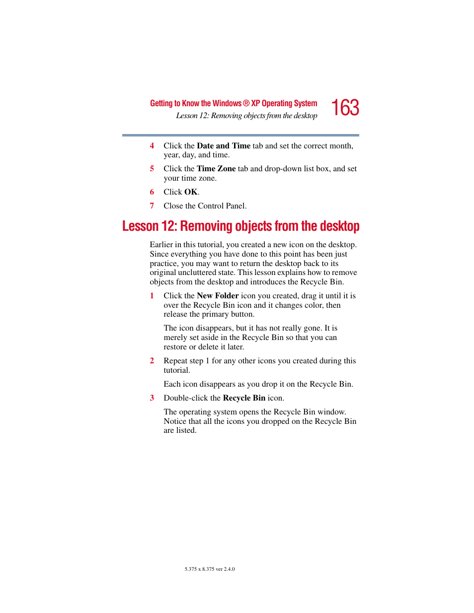 Lesson 12: removing objects from the desktop | Toshiba Satellite 5205 Series User Manual | Page 163 / 312