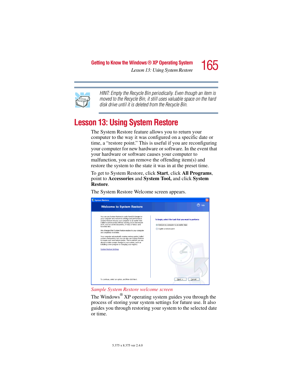 Lesson 13: using system restore | Toshiba Satellite 5205 Series User Manual | Page 165 / 312