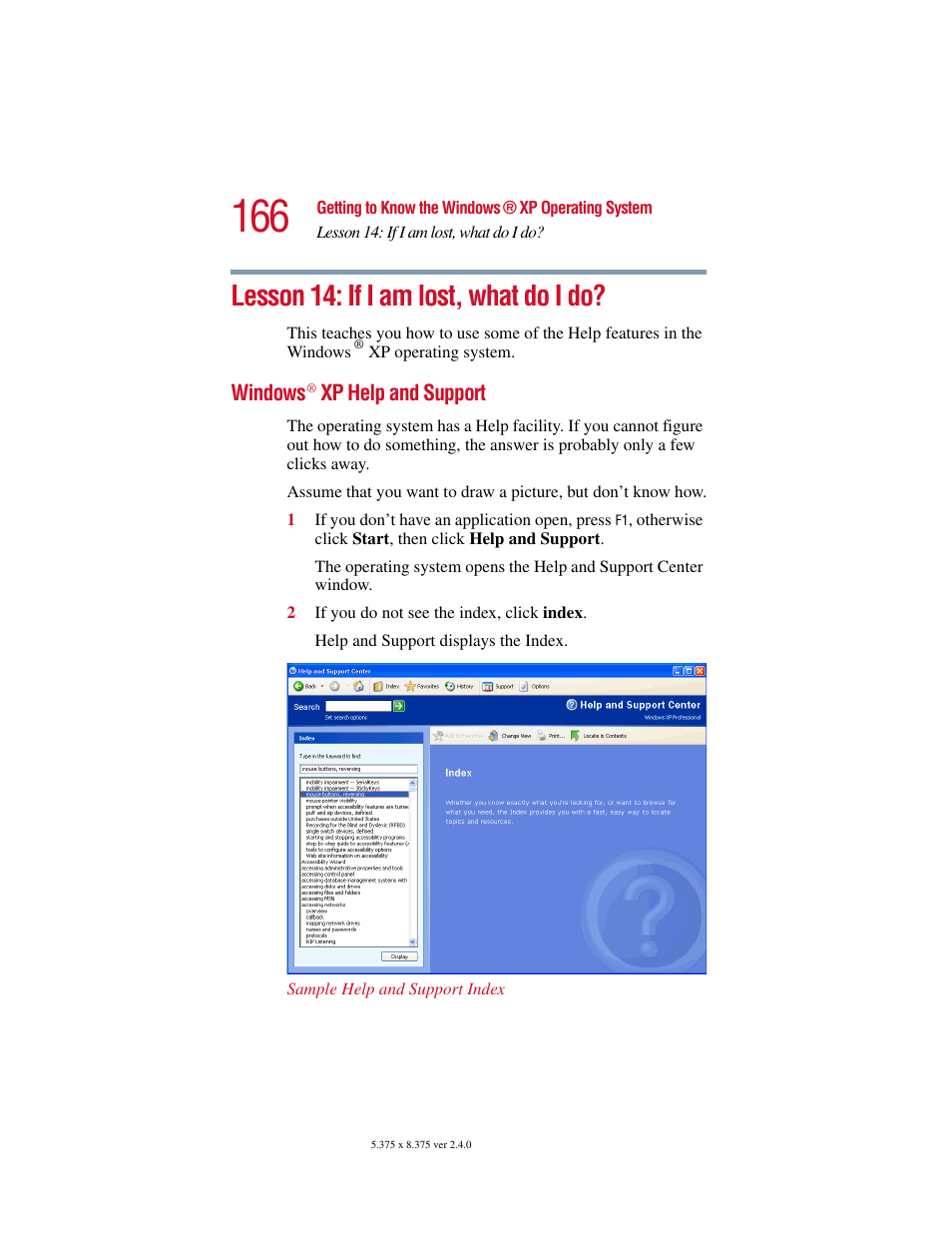 Lesson 14: if i am lost, what do i do, Windows® xp help and support, Windows | Toshiba Satellite 5205 Series User Manual | Page 166 / 312