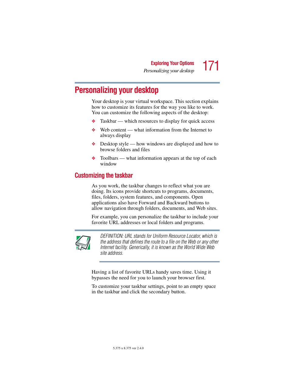 Personalizing your desktop, Customizing the taskbar | Toshiba Satellite 5205 Series User Manual | Page 171 / 312