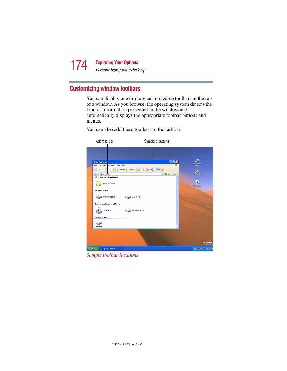 Customizing window toolbars | Toshiba Satellite 5205 Series User Manual | Page 174 / 312