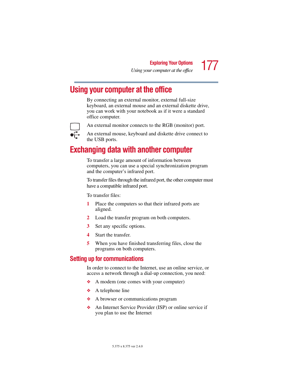 Using your computer at the office, Exchanging data with another computer, Setting up for communications | Toshiba Satellite 5205 Series User Manual | Page 177 / 312