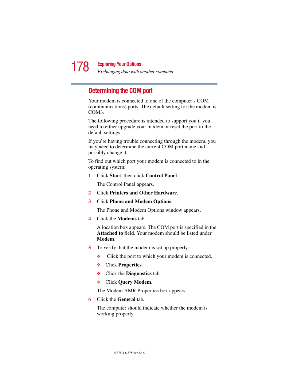 Determining the com port | Toshiba Satellite 5205 Series User Manual | Page 178 / 312