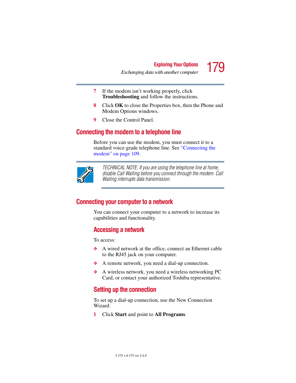 Connecting the modem to a telephone line, Connecting your computer to a network | Toshiba Satellite 5205 Series User Manual | Page 179 / 312