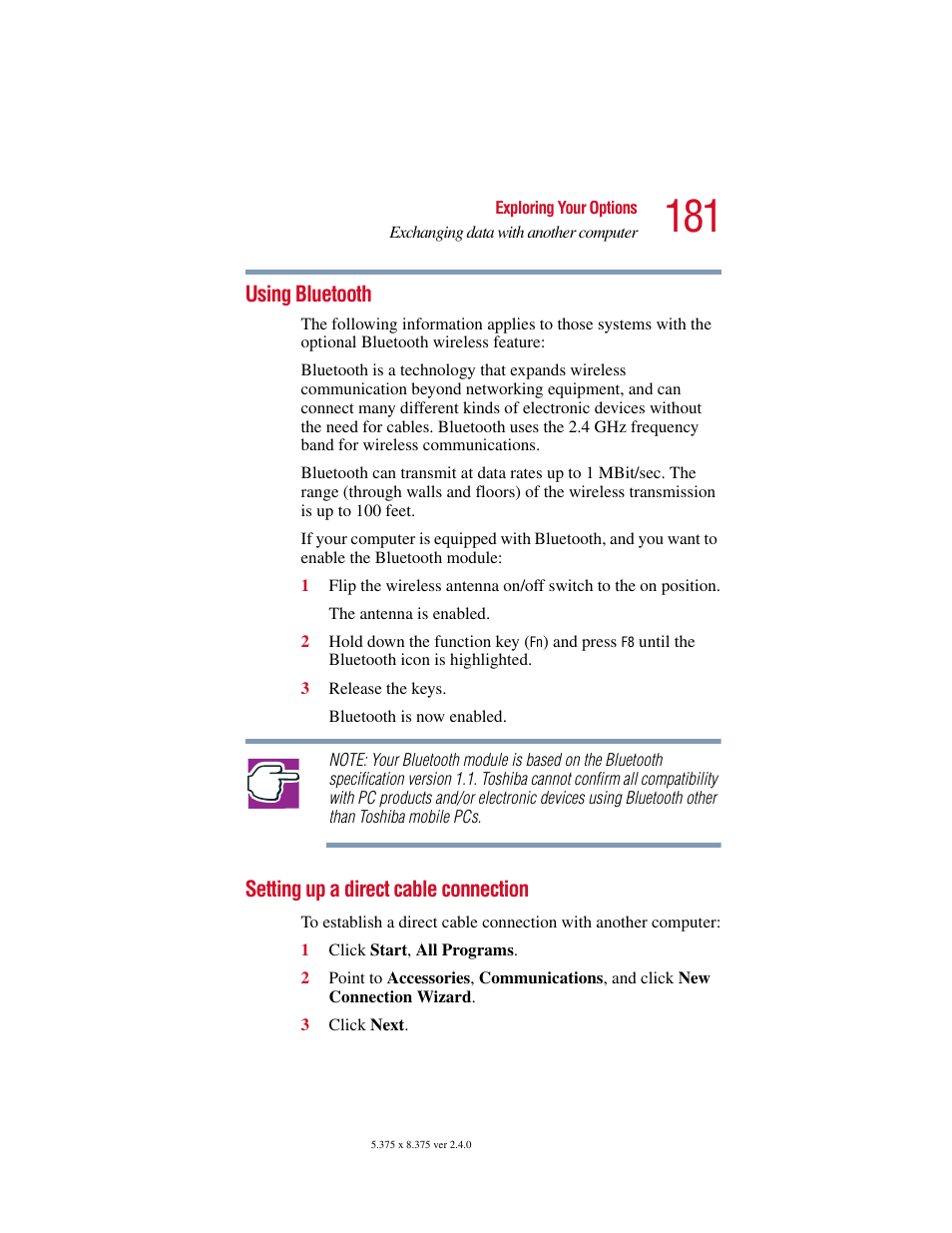 Using bluetooth, Setting up a direct cable connection | Toshiba Satellite 5205 Series User Manual | Page 181 / 312