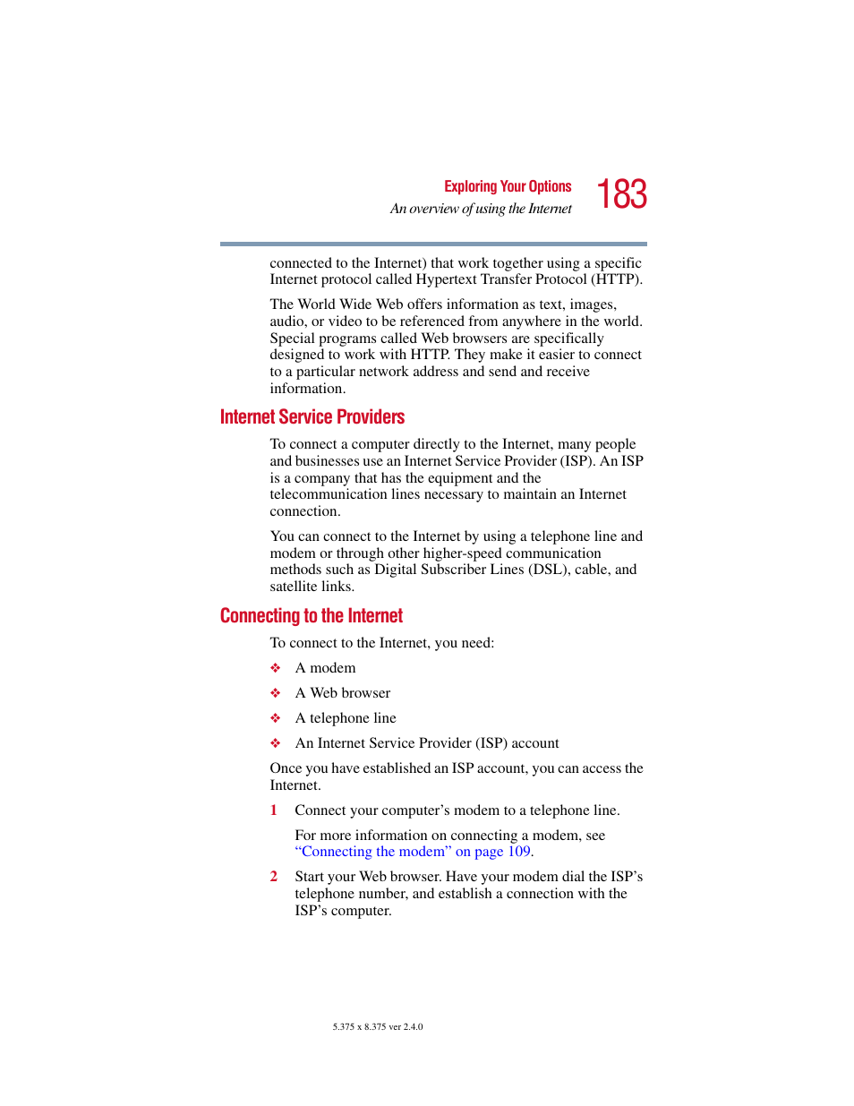 Internet service providers, Connecting to the internet | Toshiba Satellite 5205 Series User Manual | Page 183 / 312