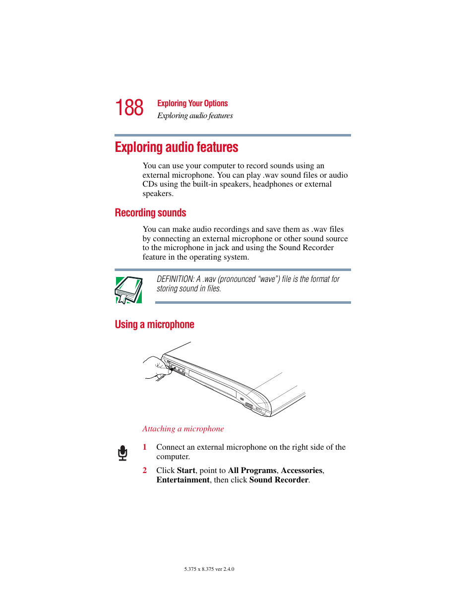 Exploring audio features, Recording sounds, Using a microphone | Recording sounds using a microphone | Toshiba Satellite 5205 Series User Manual | Page 188 / 312