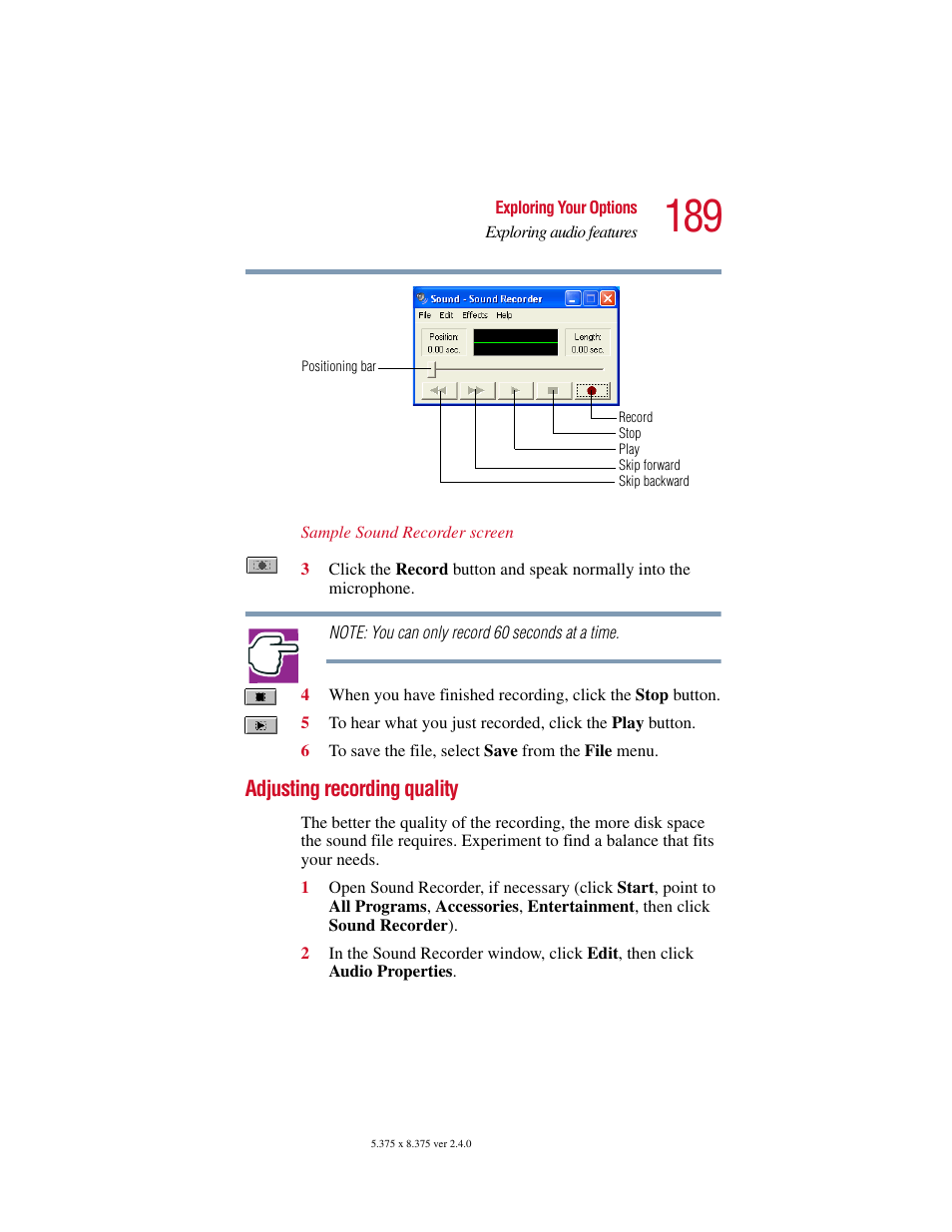 Adjusting recording quality | Toshiba Satellite 5205 Series User Manual | Page 189 / 312