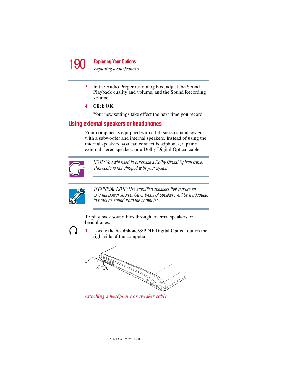 Using external speakers or headphones | Toshiba Satellite 5205 Series User Manual | Page 190 / 312