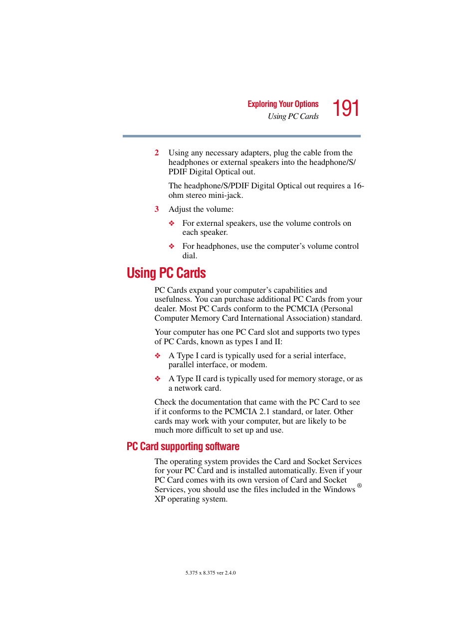 Using pc cards, Pc card supporting software | Toshiba Satellite 5205 Series User Manual | Page 191 / 312