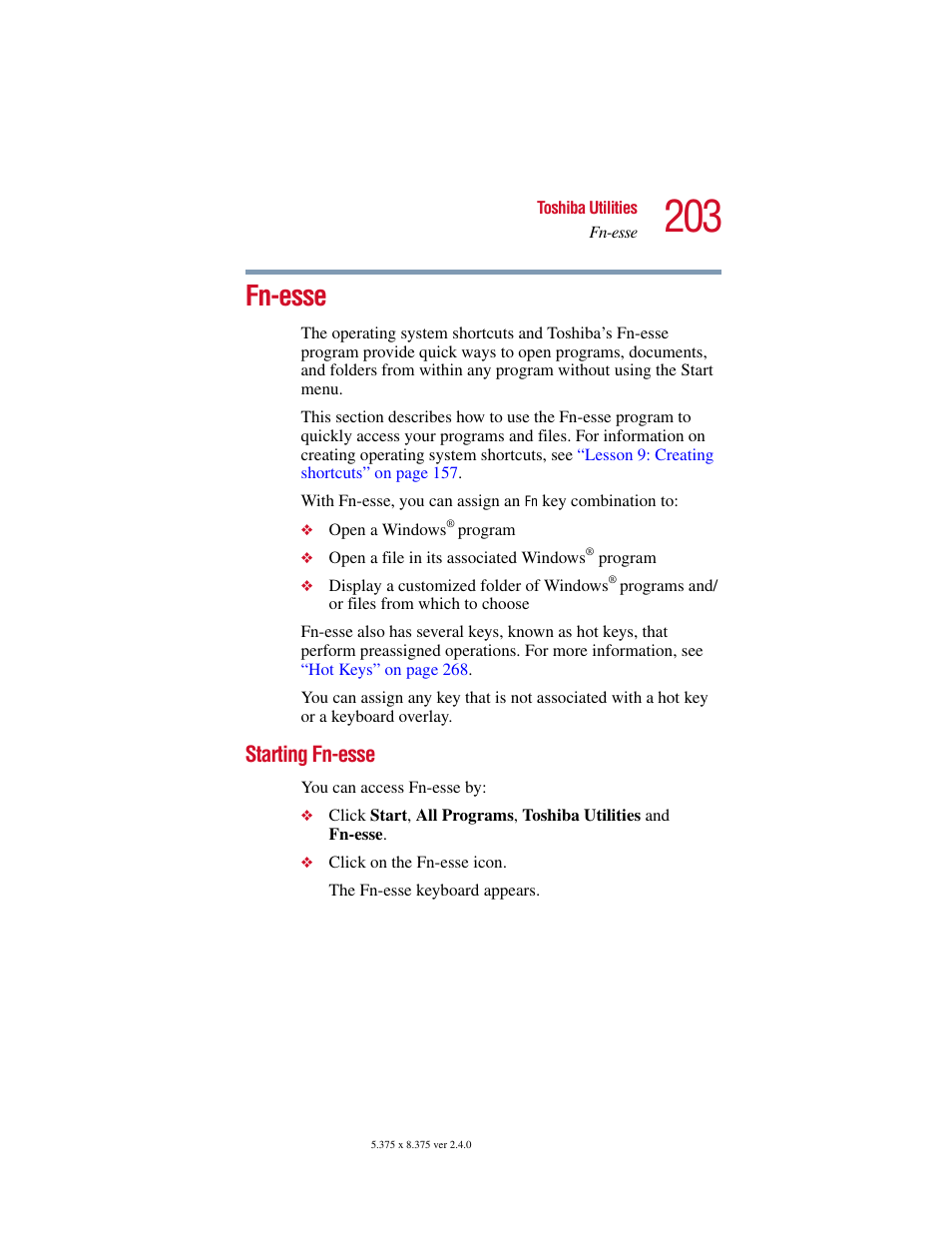 Fn-esse, Starting fn-esse | Toshiba Satellite 5205 Series User Manual | Page 203 / 312