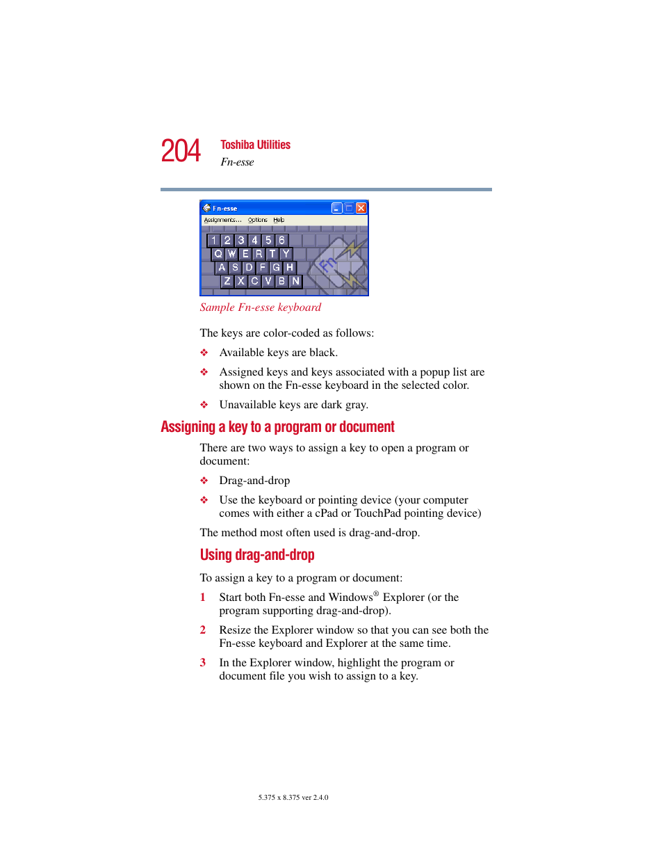 Assigning a key to a program or document, Using drag-and-drop | Toshiba Satellite 5205 Series User Manual | Page 204 / 312