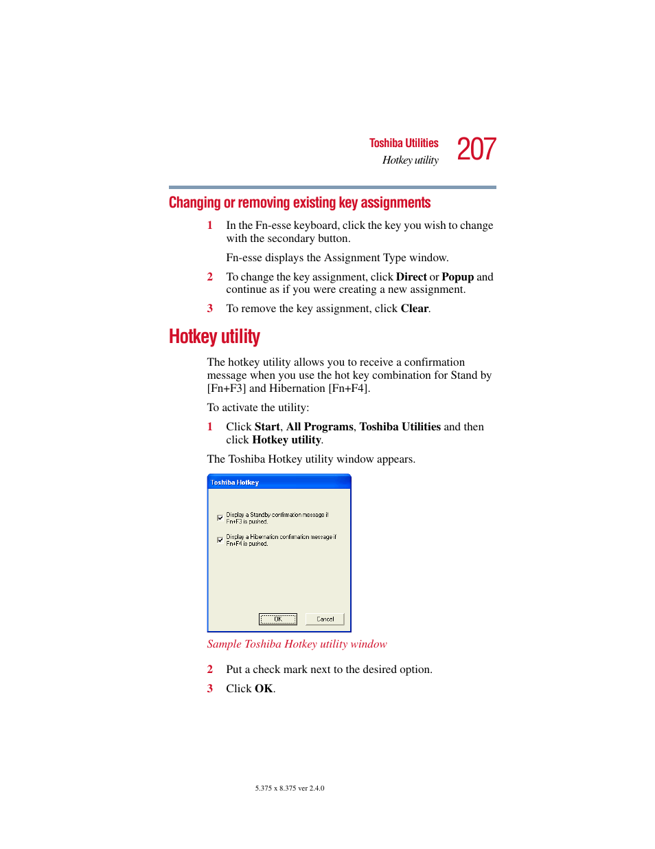 Changing or removing existing key assignments, Hotkey utility, Changing or removing existing key | Assignments | Toshiba Satellite 5205 Series User Manual | Page 207 / 312