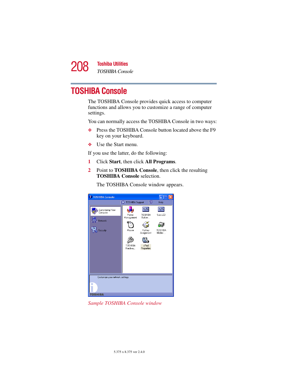 Toshiba console | Toshiba Satellite 5205 Series User Manual | Page 208 / 312