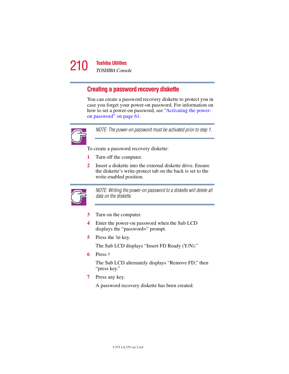 Creating a password recovery diskette” on, For in, Creating a password recovery diskette | Toshiba Satellite 5205 Series User Manual | Page 210 / 312